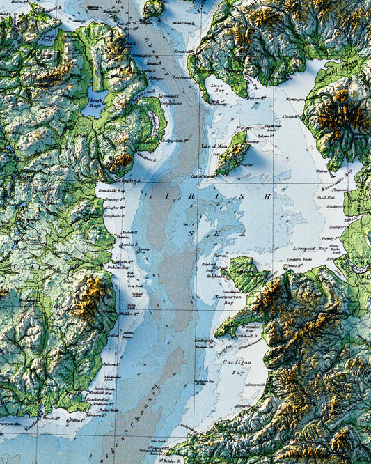 UK & Ireland Bathy-Orographical Map (1920) - Renovated - Encompass Geographic